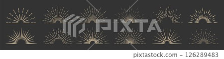 A set of sunsets on a dark gray background. The sun's rays, the elements of a shining star. A set of sunsets on a dark gray background. The sun's rays, the elements of a shining star. 126289483