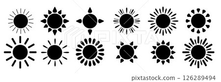 A set of solar bursts. Icons of the black sun on a white background. Solar bursts, elements of a shining star. A set of solar bursts. Icons of the black sun on a white background. Solar bursts, elements of a shining star. 126289494