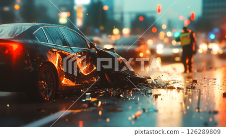 A damaged car on the road after a collision. The concept of traffic accidents, road safety, emergency response, and the consequences of reckless driving. Generative AI. 126289809