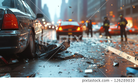 A damaged car on the road after a collision. The concept of traffic accidents, road safety, emergency response, and the consequences of reckless driving. Generative AI. 126289810