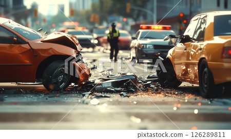 A damaged car on the road after a collision. The concept of traffic accidents, road safety, emergency response, and the consequences of reckless driving. Generative AI. 126289811
