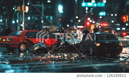 A damaged car on the road after a collision. The concept of traffic accidents, road safety, emergency response, and the consequences of reckless driving. Generative AI. 126289812
