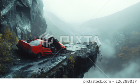 A damaged car on the road after a collision. The concept of traffic accidents, road safety, emergency response, and the consequences of reckless driving. Generative AI. 126289817