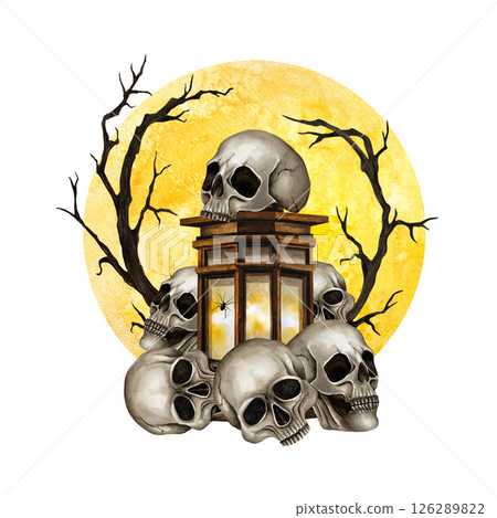 Pile of skulls, vintage lantern with spider, branches against the backdrop of the full moon. Watercolor illustration isolated from background. Composition for Gothic design, Halloween, Friday the 13 126289822