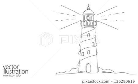 Lighthouse one line drawing. Continuous outline beacon architecture minimalist design. Nautical safety travel navigation tourism. Simple line black background vector Lighthouse one line drawing. Continuous outline beacon architecture minimalist design. Nautical safety travel navigation tourism. Simple line black background vector 126290619