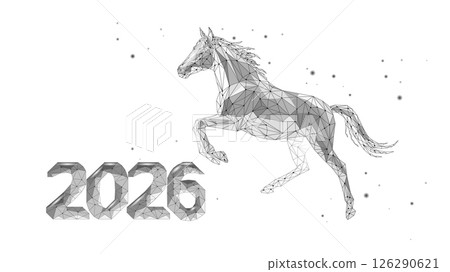 Geometric Horse illustration runs in space 2026 Horoscope Year. Chinese Animal of New Year. Technology designs and futuristic projects. Low poly style with white background Geometric Horse illustration runs in space 2026 Horoscope Year. Chinese Animal of New Year. Technology designs and futuristic projects. Low poly style with white background 126290621