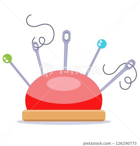 Red pincushion with needles and thread. Red pincushion with needles and thread. 126290773