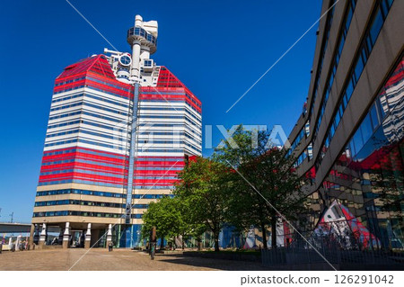 The Lilla Bommen building called Lipstick at harbor on Gota river bank, Gothenburg, Sweden, sunny day 126291042