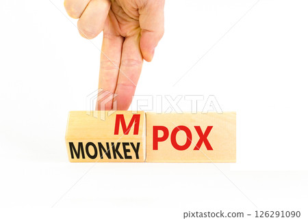 Monkey POX or Mpox symbol. Concept word Monkey POX or Mpox on wooden cubes. Doctor hand. Beautiful white table white background. Medical Monkey POX or Mpox concept. Copy space. 126291090