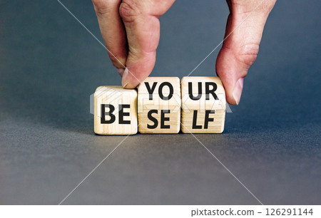 Motivational be yourself symbol. Concept words Be yourself on beautiful wooden block. Beautiful grey background Businessman hand. Business motivational be yourself concept. Copy space. Motivational be yourself symbol. Concept words Be yourself on beautiful wooden block. Beautiful grey background Businessman hand. Business motivational be yourself concept. Copy space. 126291144