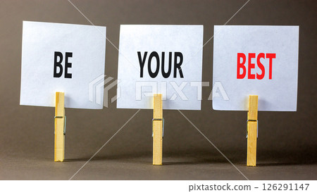 Motivational be your best symbol. Concept words Be your best on beautiful white paper on clothespin. Beautiful grey background. Business motivational be your best concept. Copy space. Motivational be your best symbol. Concept words Be your best on beautiful white paper on clothespin. Beautiful grey background. Business motivational be your best concept. Copy space. 126291147