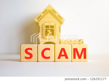 Scam symbol. Concept word Scam on beautiful wooden blocks. Beautiful white table white background. Wooden beautiful house. Business, lifestyle, support and scam concept. Copy space. Scam symbol. Concept word Scam on beautiful wooden blocks. Beautiful white table white background. Wooden beautiful house. Business, lifestyle, support and scam concept. Copy space. 126291177