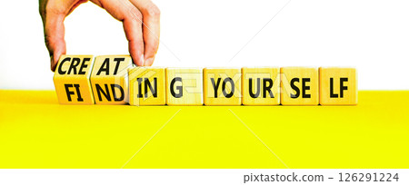 Finding or creating yourself symbol. Concept words Finding yourself or Creating yourself on beautiful wooden blocks. Beautiful white background. Business creating yourself concept. Copy space. Finding or creating yourself symbol. Concept words Finding yourself or Creating yourself on beautiful wooden blocks. Beautiful white background. Business creating yourself concept. Copy space. 126291224