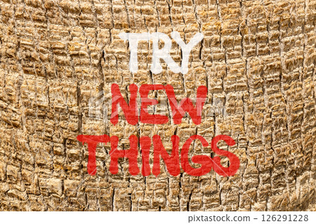 Try new things symbol. Concept words Try new things on beautiful palm bark. Beautiful palm bark background. Business motivational lifestyle try new things concept. Copy space. Try new things symbol. Concept words Try new things on beautiful palm bark. Beautiful palm bark background. Business motivational lifestyle try new things concept. Copy space. 126291228
