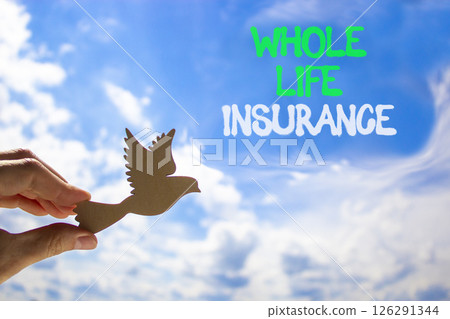 Whole life insurance symbol. Concept words Whole life insurance on beautiful blue sky. Beautiful blue sky and clouds background. Businessman hand. Business whole life insurance concept. Copy space. 126291344