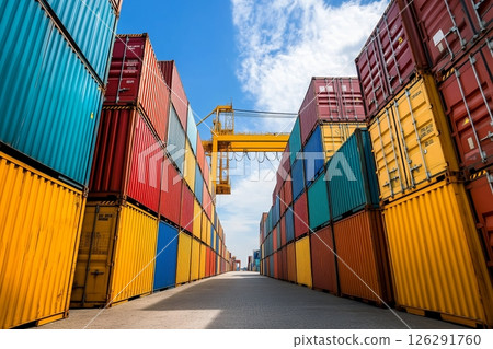 Colorful shipping containers stacked in a busy port during a sunny day 126291760