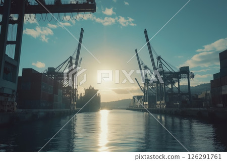 Container terminal operations at sunset highlighting industrial activity and cargo logistics 126291761