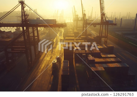Container terminal operations at sunset highlighting industrial activity and cargo logistics Container terminal operations at sunset highlighting industrial activity and cargo logistics 126291763