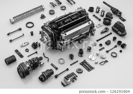 Detailed engine assembly with individual components on neutral background 126291804