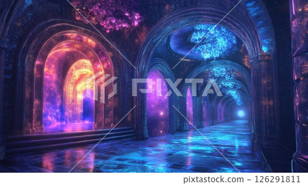 Vibrant crystal tunnel illuminated by glowing hues in a surreal underwater fantasy interior 126291811