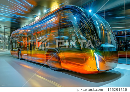Futuristic electric bus displayed in a modern urban setting during evening hours 126291816
