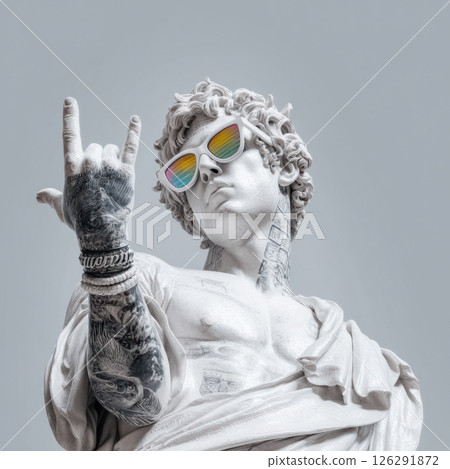White marble statue wearing sunglasses and making rock sign 126291872