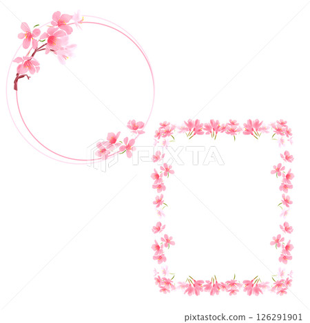 Digital spring frame with pink flowers and sakura petals. 126291901