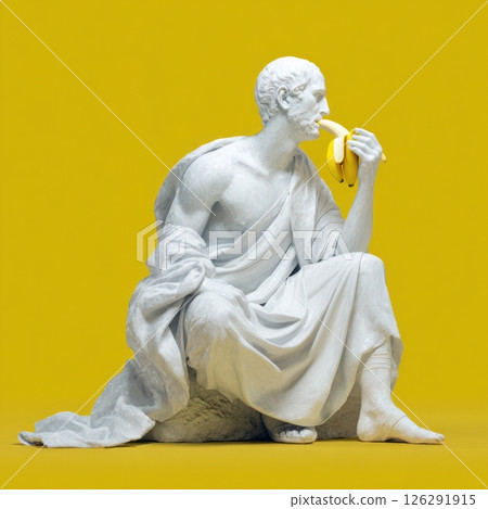White marble statue eating banana on yellow background 126291915