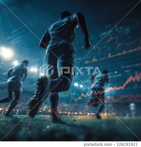 Soccer player running with stock market graph double exposure effect Soccer player running with stock market graph double exposure effect 126291921