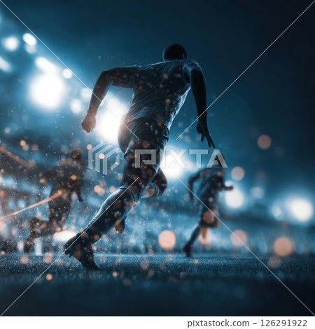 Soccer player running with the ball in a stadium during night championship 126291922