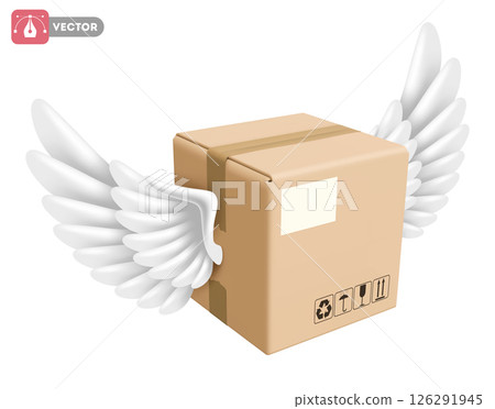 Cardboard Delivery Box With Wings Fast Delivery Concept Cardboard Delivery Box With Wings Fast Delivery Concept 126291945