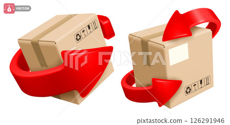 Cardboard Delivery Box or Parcel With Red Arrow Spinning Around 126291946