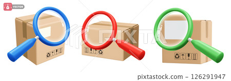 Cardboard Delivery Box or Parcel With Magnifier, Package Order Search Concept 126291947