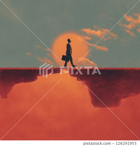 Businessman walking on a narrow ledge at sunset, overcoming challenges in business Businessman walking on a narrow ledge at sunset, overcoming challenges in business 126291955