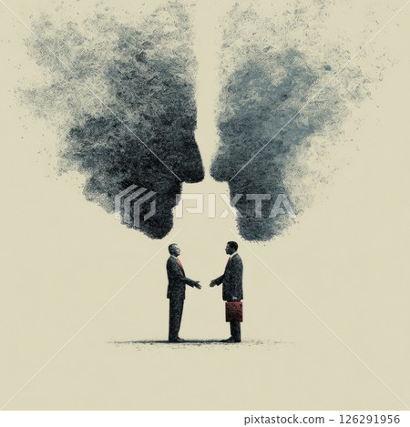 Businessmen shaking hands under dissolving heads representing difficult negotiation Businessmen shaking hands under dissolving heads representing difficult negotiation 126291956