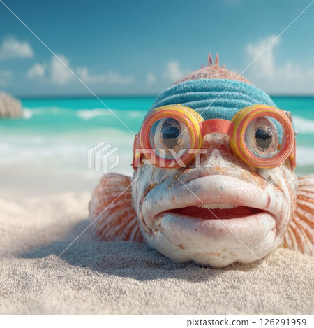Smiling fish wearing goggles and swim cap enjoying sunny beach vacation 126291959