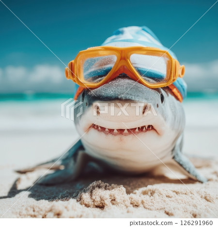 Playful shark wearing swim cap and goggles on beach Playful shark wearing swim cap and goggles on beach 126291960