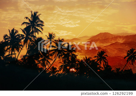 Palm trees silhouetted against a stunning sunset with mountains, creating a serene landscape. The warm colors evoke a sense of peace and tranquility. 126292199