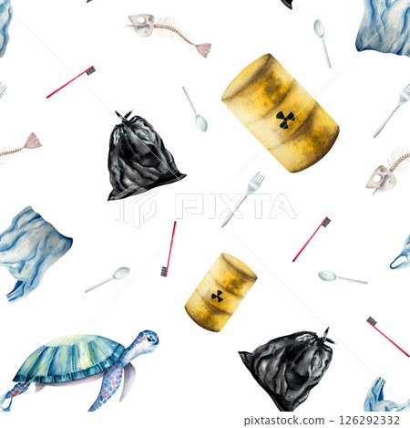 Seamless pattern, underwater sea with garbage. Sea turtle, plastic bag filled with trash, rusty oil barrels. Crumpled aluminum can. Watercolor hand drawn illustration isolated on background. Recycling Seamless pattern, underwater sea with garbage. Sea turtle, plastic bag filled with trash, rusty oil barrels. Crumpled aluminum can. Watercolor hand drawn illustration isolated on background. Recycling 126292332