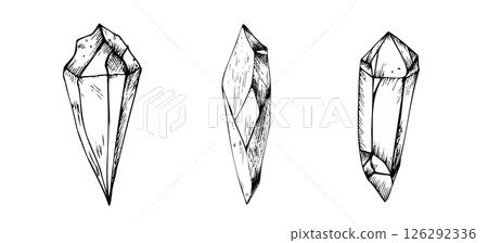 Vector amethyst crystals set. Hand painted linear quartz illustration. Graphic monochrome sketch isolated on background. For designers, prints, logo, icon, menu, postcards, holiday, covers 126292336