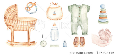 Newborn Baby Boy set. Cradle, Toys and cute Infant accessories, metrics, Mother and Baby Feet in pastel colors. Watercolor hand drawn illustration in eco style. For invitations, Gender party, Baby 126292346