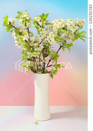Still life with beautiful spring cherry blossom branches in vase on elegant background. Abstract flower arrangement and banner for screen,Floral holiday card with summer greeting concept Still life with beautiful spring cherry blossom branches in vase on elegant background. Abstract flower arrangement and banner for screen,Floral holiday card with summer greeting concept 126292383