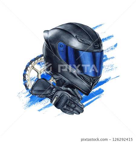 Motorcyclist helmet, blue visor, protective gloves and chain on bright watercolor spot. Illustration isolated from background. Moto gear for biker. Hand drawn painting for logo, textile, poster 126292415