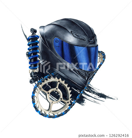 Motorcyclist helmet, blue visor, chain, shock absorber on watercolor black spot. Moto equipment gear for biker. Illustration isolated from background. For logo workshop, moto design, postcard, poster 126292416