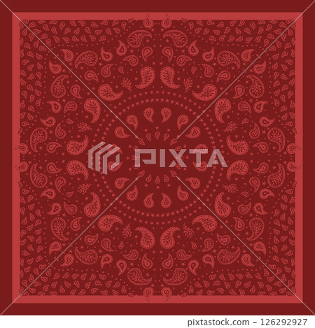Red scarf or bandana design with paisley mandala pattern. Ethnic monochrome carpet design 126292927