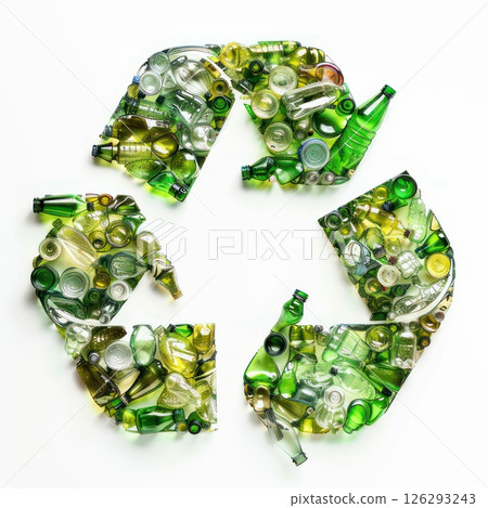 Recycling sign created with an assortment of green and clear glass bottles on a white background 126293243