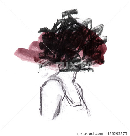 Emotional Charcoal Sketch of a Distressed Woman with Eyes Obscured by a Dark Smudge 126293275