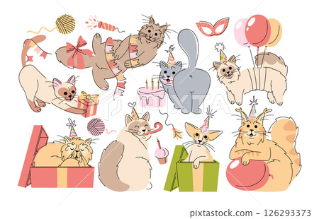Cat animals hand drawn characters celebrating birthday party with different festive accessories 126293373