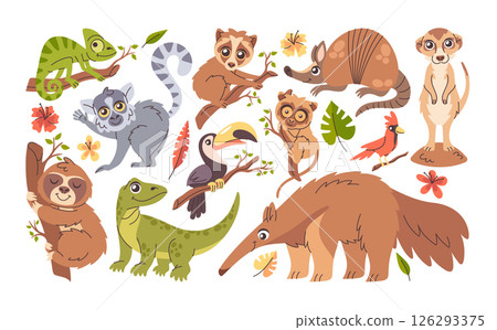 Cute exotic animals and birds hand drawn doddle savanna characters isolated african fauna set 126293375