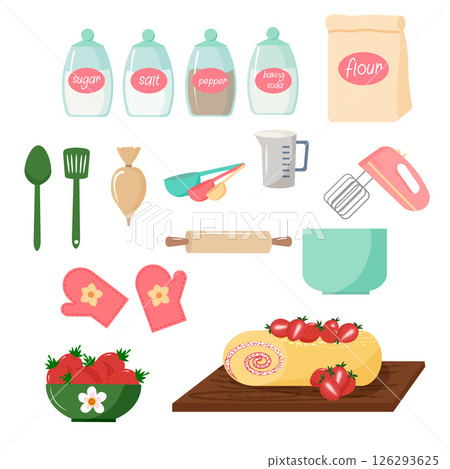 Set for baking. Spices in jars, flour in a bag. Mixer and pastry bag. Measuring spoons, rolling pin and pastry spatulas. Pastry - sweet roll with cream and strawberries. Bowl with fresh berries. 126293625